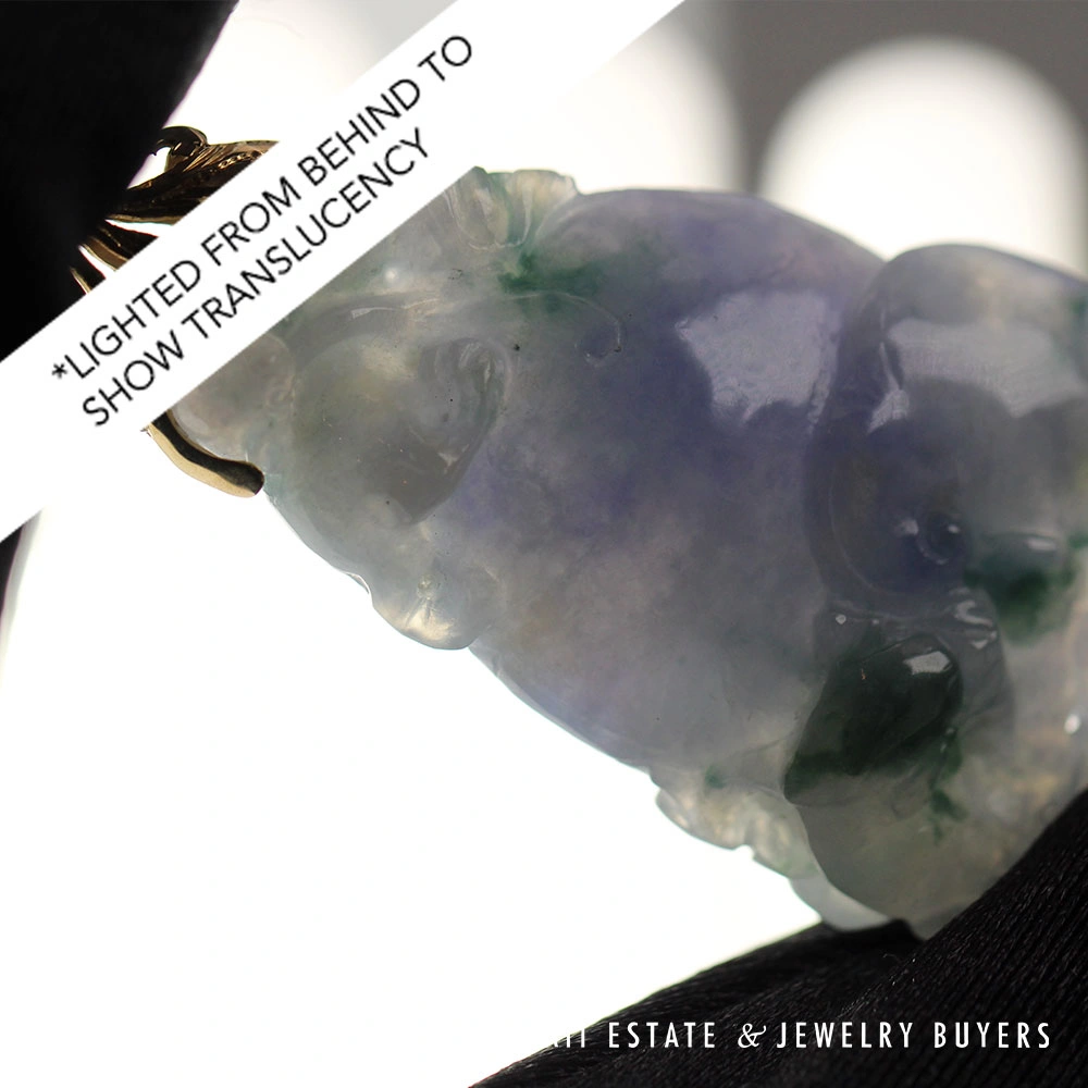 GIA Lavender Violet and Green-Gray Jade Carved 14K Yellow Gold 16.5g Pendant - Image 4