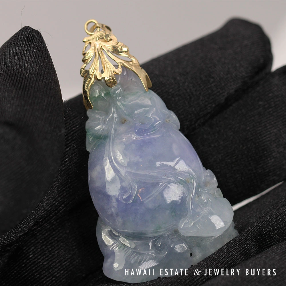 GIA Lavender Violet and Green-Gray Jade Carved 14K Yellow Gold 16.5g Pendant - Image 3