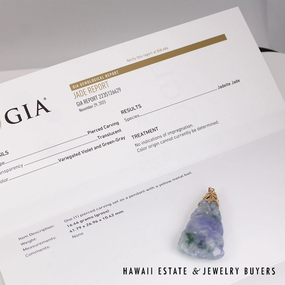 GIA Lavender Violet and Green-Gray Jade Carved 14K Yellow Gold 16.5g Pendant - Image 2