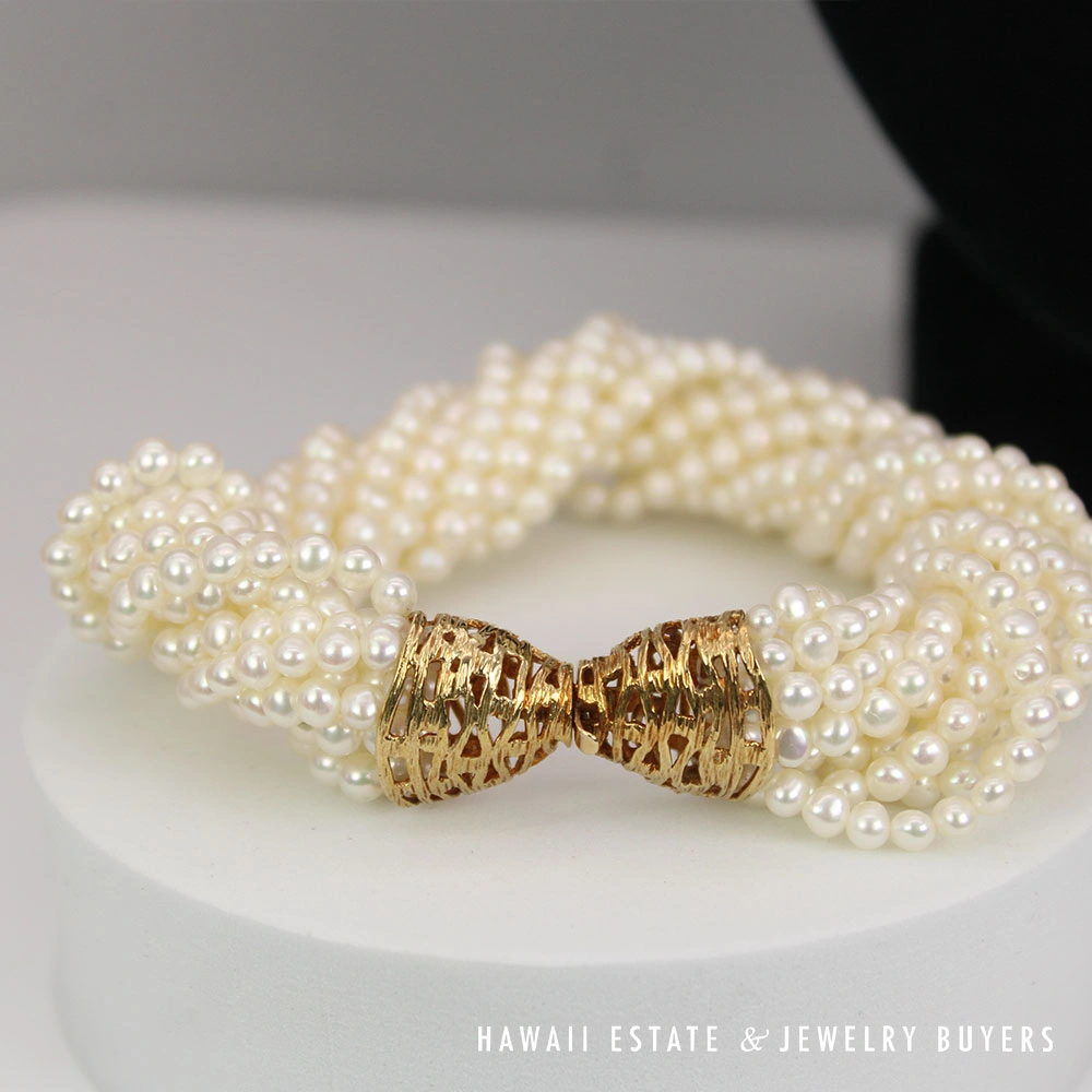 Multi-Strand Pearl 14K Yellow Gold Necklace 22" & Bracelet Set w/ Beehive Clasps - Image 3