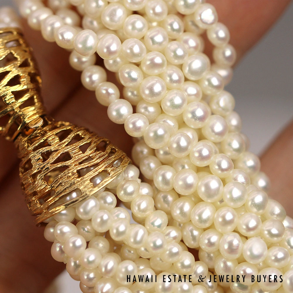 Multi-Strand Pearl 14K Yellow Gold Necklace 22" & Bracelet Set w/ Beehive Clasps - Image 2