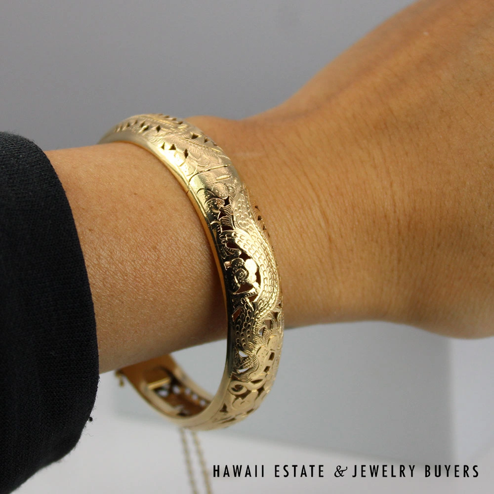 Ming's 12MM Dragon and Phoenix 14K Yellow Gold Hinged Bangle Bracelet - Image 2