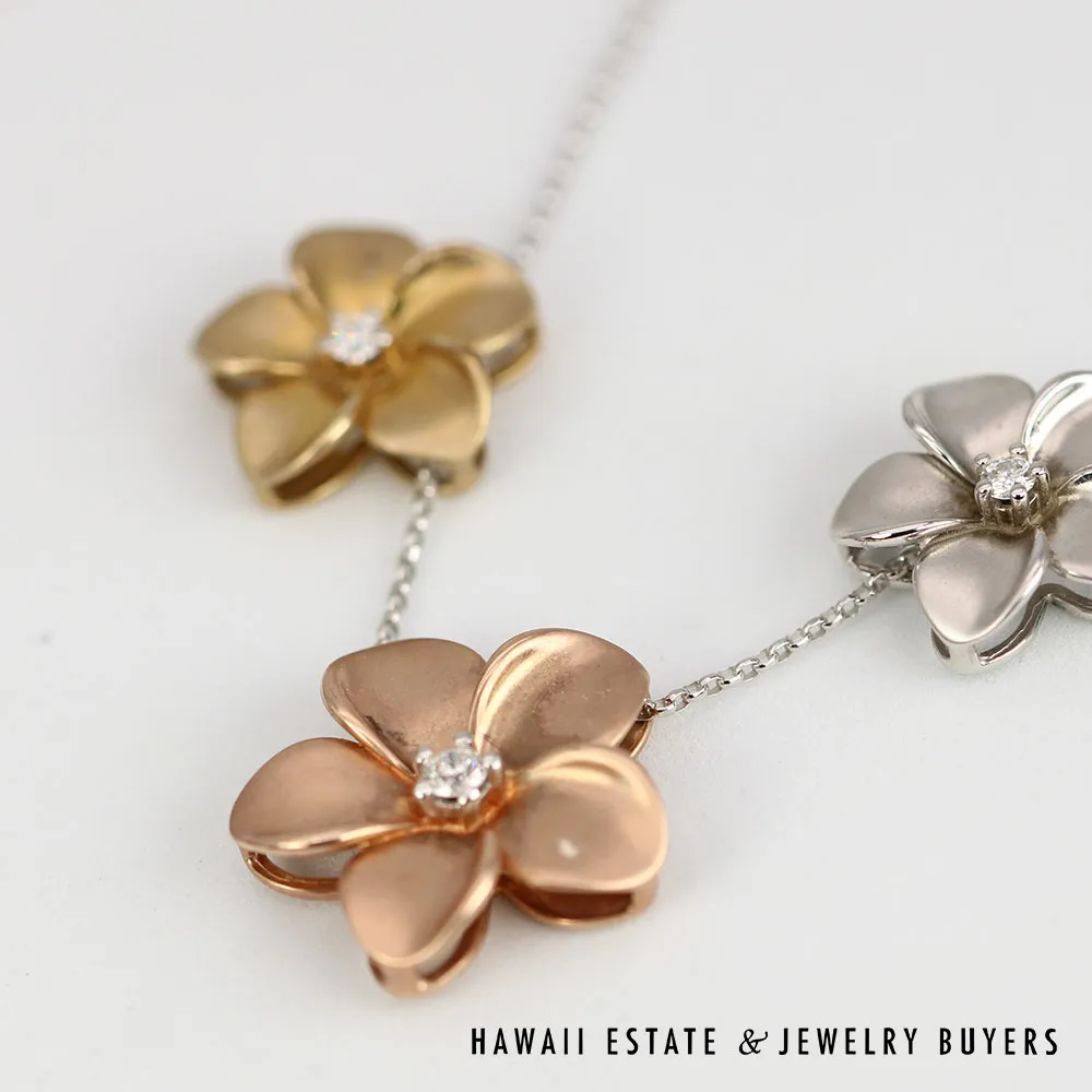 0.15CTW Diamond Plumeria Frangipani Hawaiian 3 Tone Gold Necklace 16"-18" - Image 4