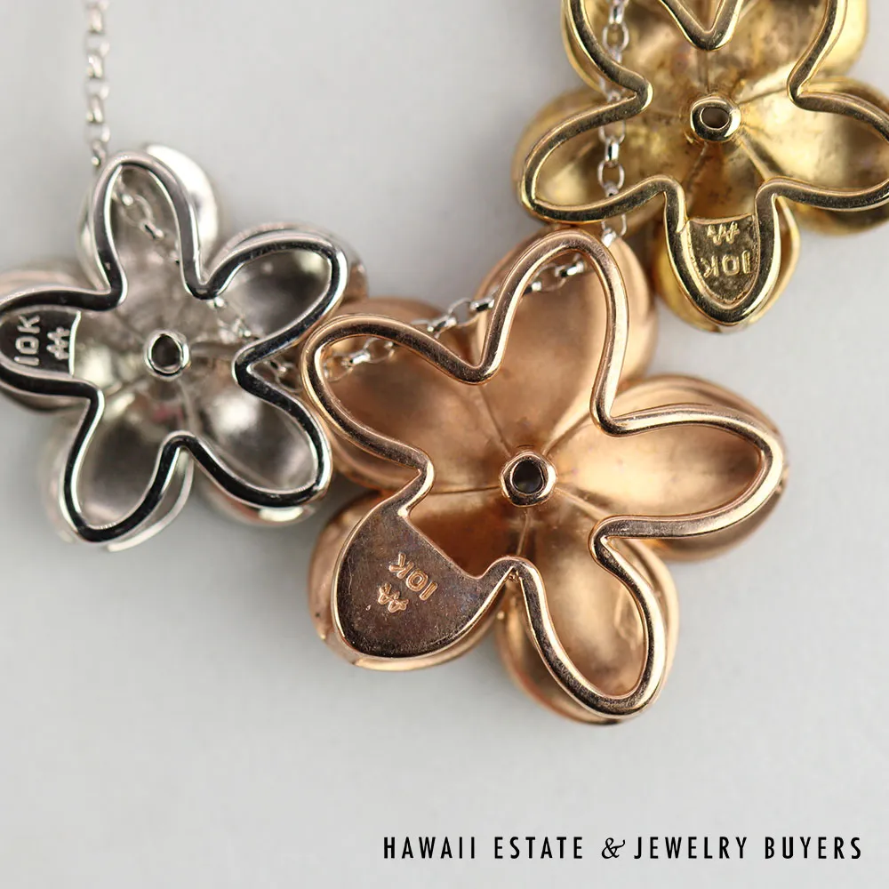 0.15CTW Diamond Plumeria Frangipani Hawaiian 3 Tone Gold Necklace 16"-18" - Image 6