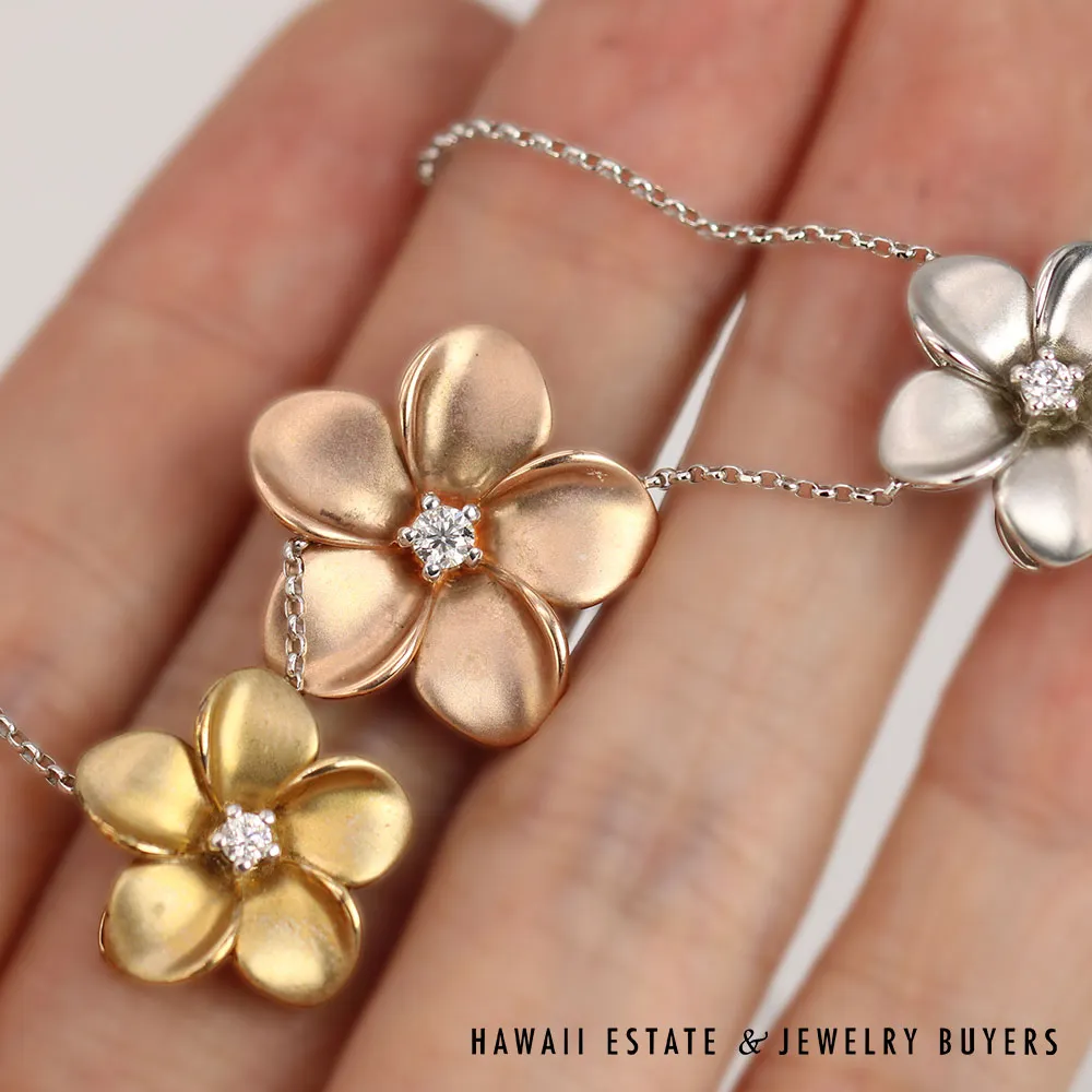 0.15CTW Diamond Plumeria Frangipani Hawaiian 3 Tone Gold Necklace 16"-18" - Image 7