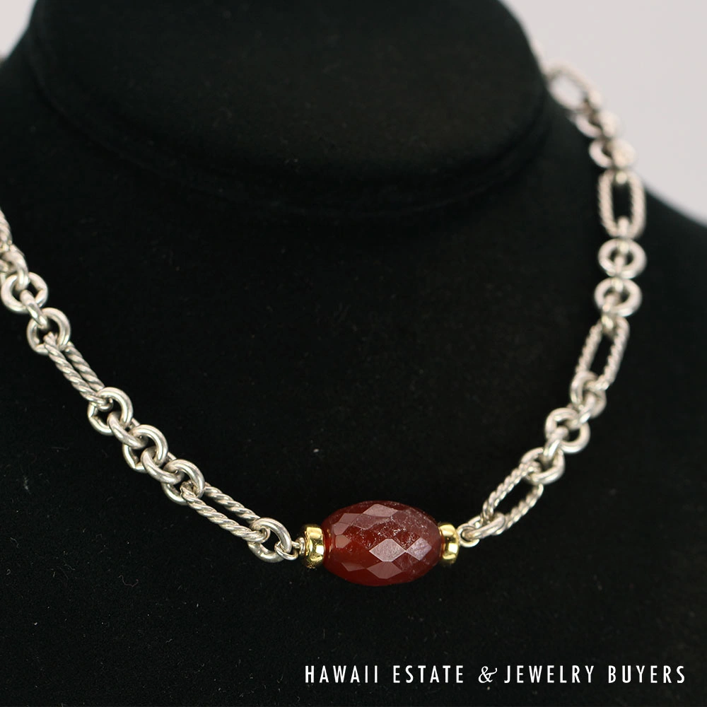 David Yurman Carnelian 18K Gold & Sterling Silver Figaro Necklace 15 Inch