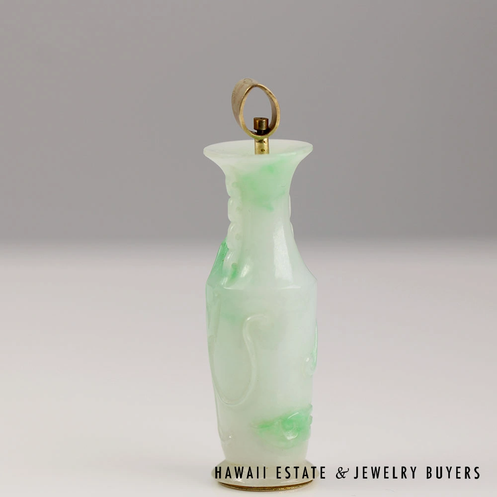 Hildgund Dawkins & Benny Carved Moss in Snow Jade Vase Pendant with 14K Gold Cap - Image 2
