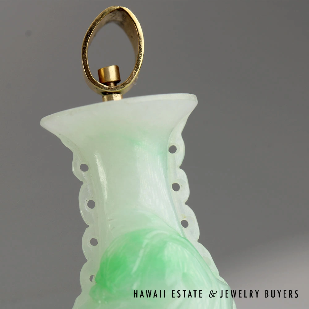 Hildgund Dawkins & Benny Carved Moss in Snow Jade Vase Pendant with 14K Gold Cap - Image 6
