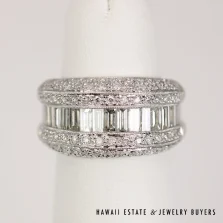 Baguette & Round Diamond 18K White Gold Band Ring Size 5.5