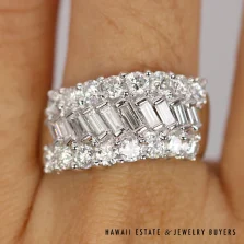 Baguette & Round Diamond 18K White Gold Wave Band Ring Size 7