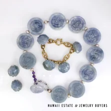 Chinese Carved Lavender Jade Suite 14K 18K Gold Necklace Bracelet Earrings