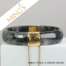 Ming's 35.8g 14KYG 9mm Mottled Black Jade Hinged Bangle Bracelet Size 7