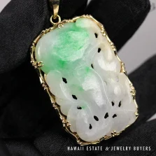Carved Moss in Snow Green & White Jade 14K Yellow Gold Pendant