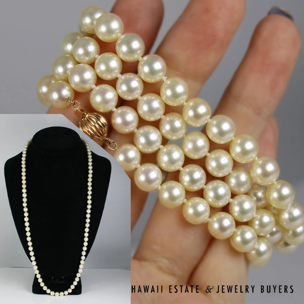 Cream Cultured Pearl Single Strand Necklace 28 Inch with 14K Yellow Gold Clasp