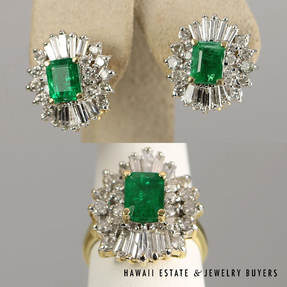 Rectangular Emerald & Diamond 14K Yellow Gold Earrings & Ring Set Size 6
