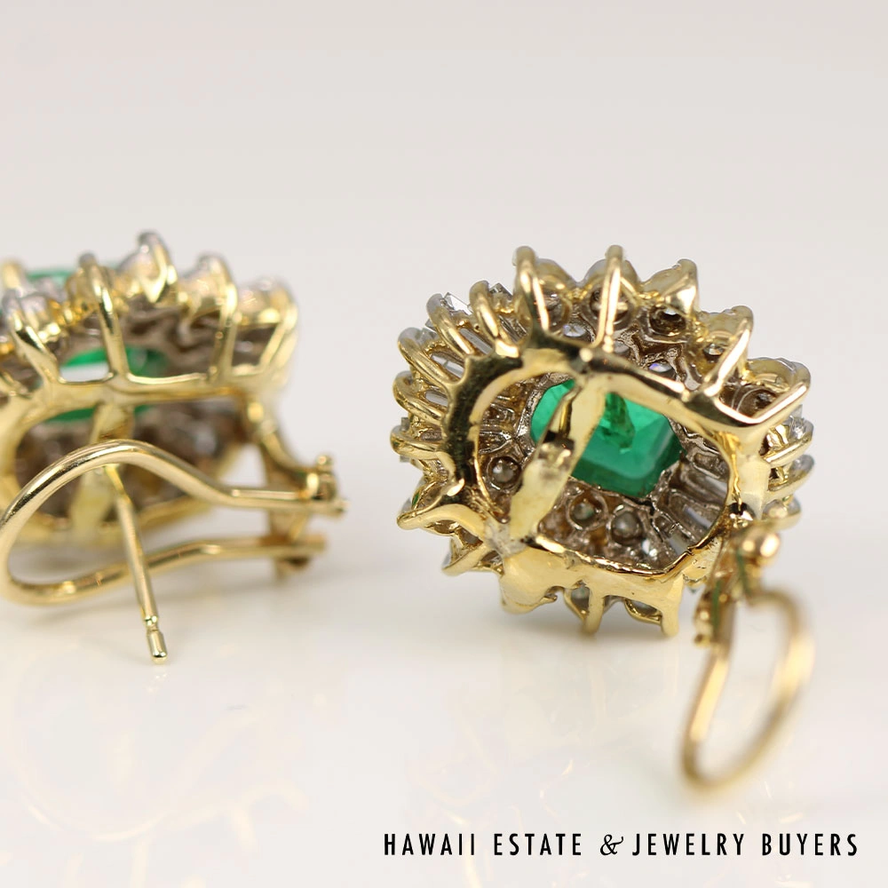 Rectangular Emerald & Diamond 14K Yellow Gold Earrings & Ring Set Size 6 - Image 2