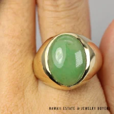 Oval Green Jade Cabochon 14K Yellow Gold Gypsy Set Ring Size 10