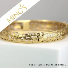 Ming's Hawaii Bird in Plum 11mm 14K Yellow Gold Hinged Bangle Bracelet Size 7.25