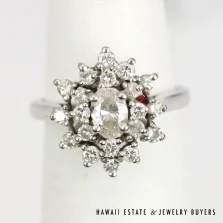 Oval Diamond Starburst Halo Cluster 14K White Gold Ring Size 4.5