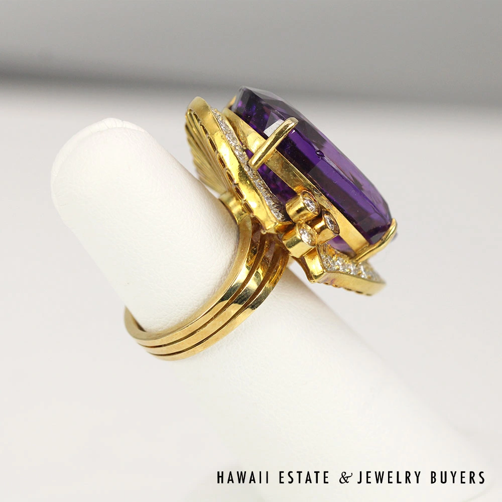 28ct Amethyst 1ctw SI/GH Diamond 21.2g 18K Yellow Gold Ring Size 5.5 - Image 3
