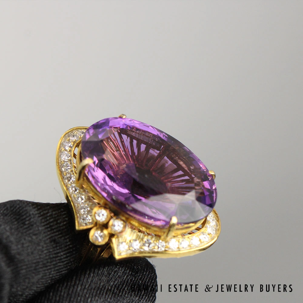 28ct Amethyst 1ctw SI/GH Diamond 21.2g 18K Yellow Gold Ring Size 5.5 - Image 2