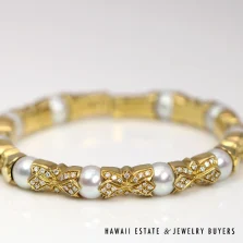 0.65CTW Diamond & Pearl 18K Yellow Gold Cuff Bracelet Size 5.75