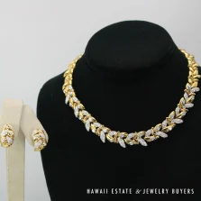 Diamond Pave Laurel Leaf 18K 20K Yellow Gold Necklace & Earrings Set