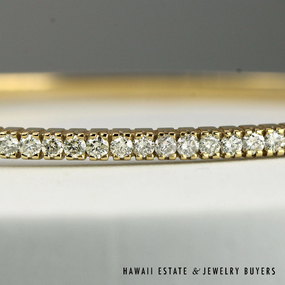 Round Prong-Set Diamond 14K Yellow Gold Hinged Bangle Bracelet Size 6.5 - Image 2