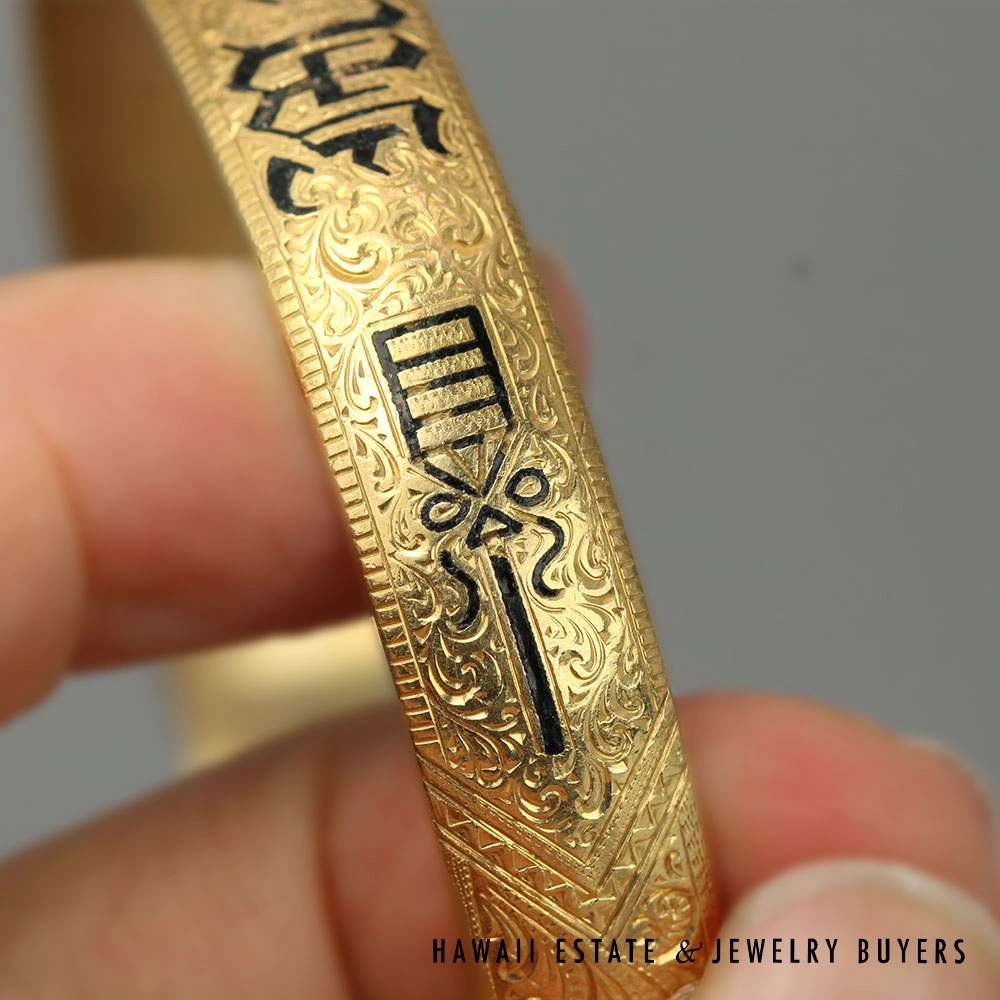 ア*ラ様 【VINTAGE 】HAWAIIAN JEWELRY バングル 14K Vintage 35.5g 14K Yellow Gold Mahealani Kāhili Hawaiian Bracelet