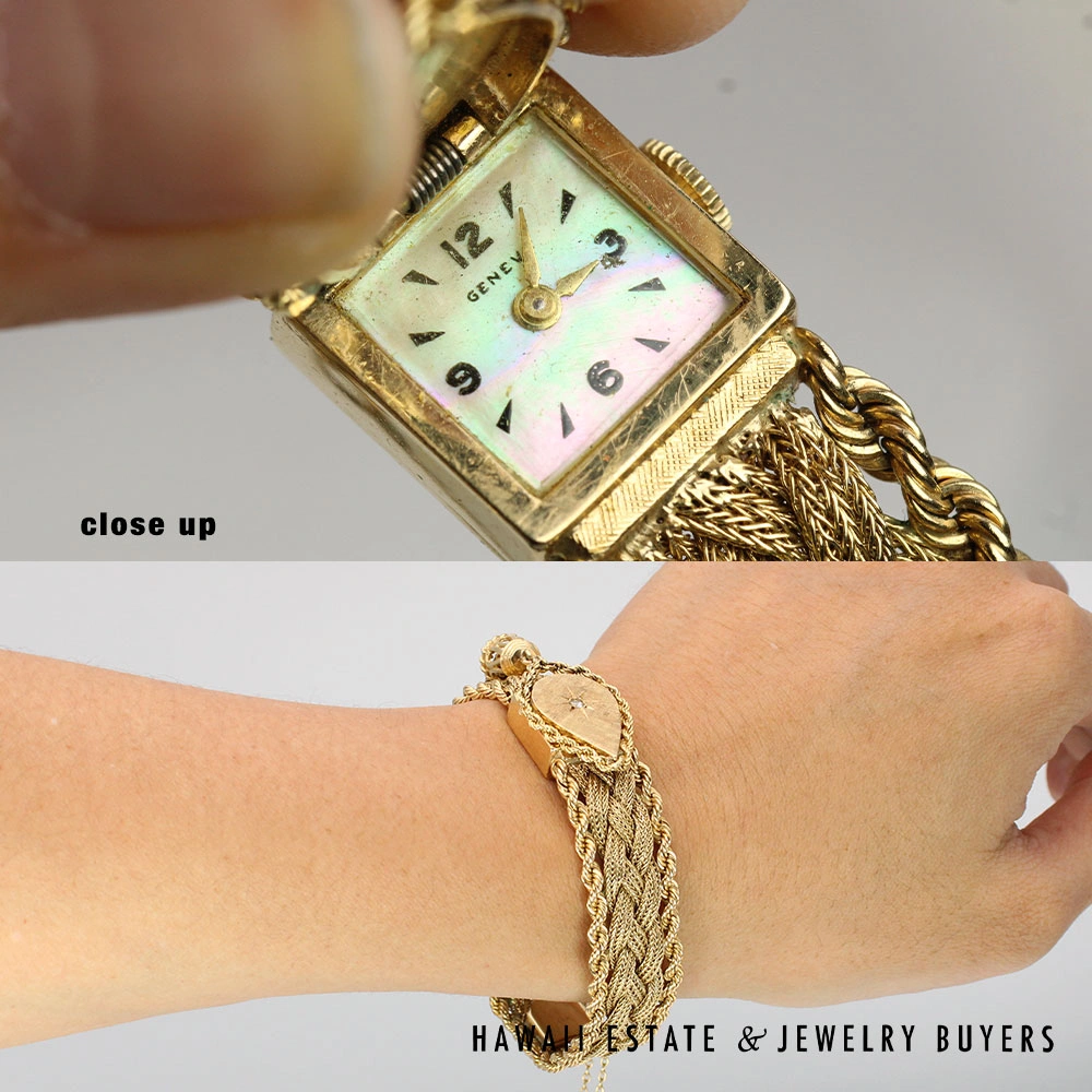 Vintage Hidden Face Diamond 14K Yellow Gold Swiss Mesh Ladies Watch Size 6.5