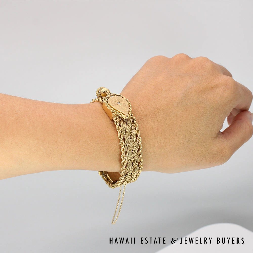 Vintage Hidden Face Diamond 14K Yellow Gold Swiss Mesh Ladies Watch Size 6.5 - Image 4