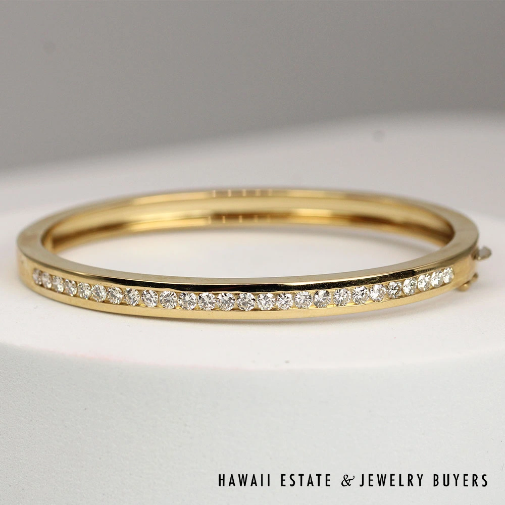 Diamond Channel Set Hinged 14K Yellow Gold Bangle Bracelet Size 6.5 - Image 3