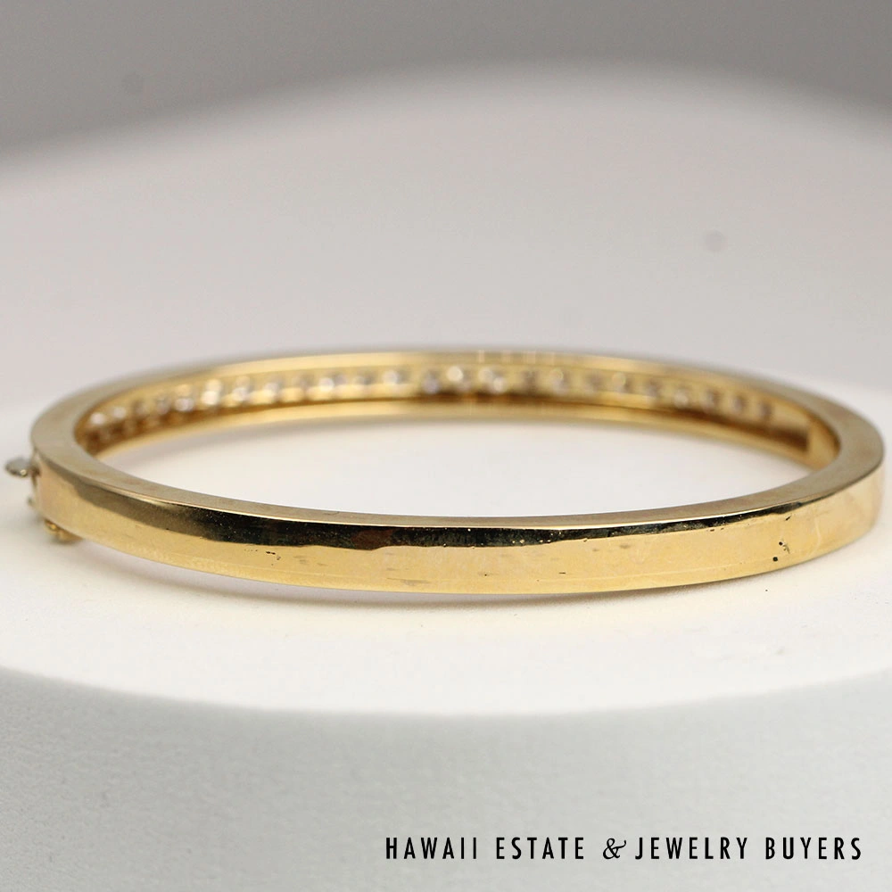 Diamond Channel Set Hinged 14K Yellow Gold Bangle Bracelet Size 6.5 - Image 2