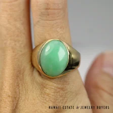 Mottled Green Jade Oval Cabochon 14K Yellow Gold Gypsy Ring Size 8