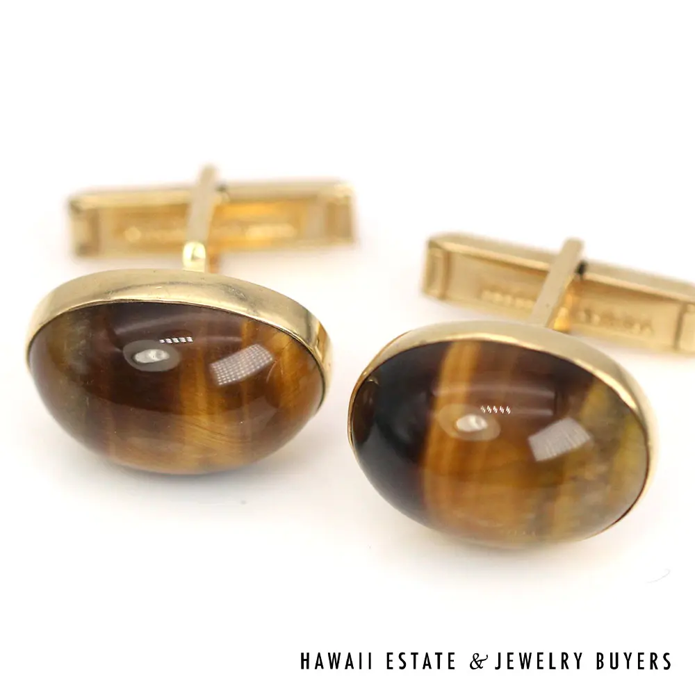Tiger Eye Oval Cabochon 14K Yellow Gold Cuff Links