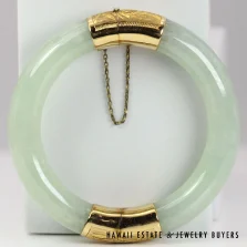 Pale Green Jade Hinged Bangle Bracelet Size 7 with 14K Yellow Gold Clasp