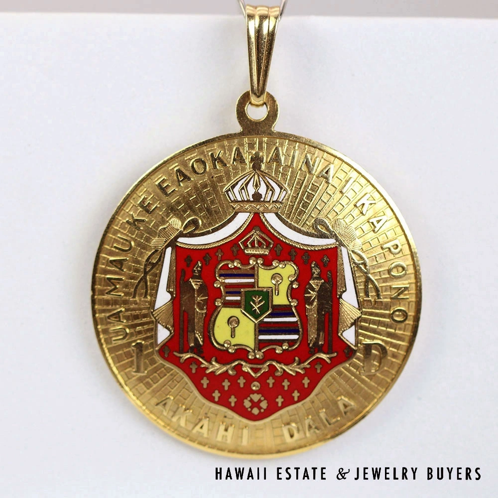 Rare Vintage Enamel Hawaiian Crest Dawkins Benny 14K Yellow Gold Pendant