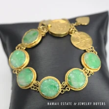 Carved Green Jade 22K Yellow Gold Engraved Link Bracelet Size 6.25