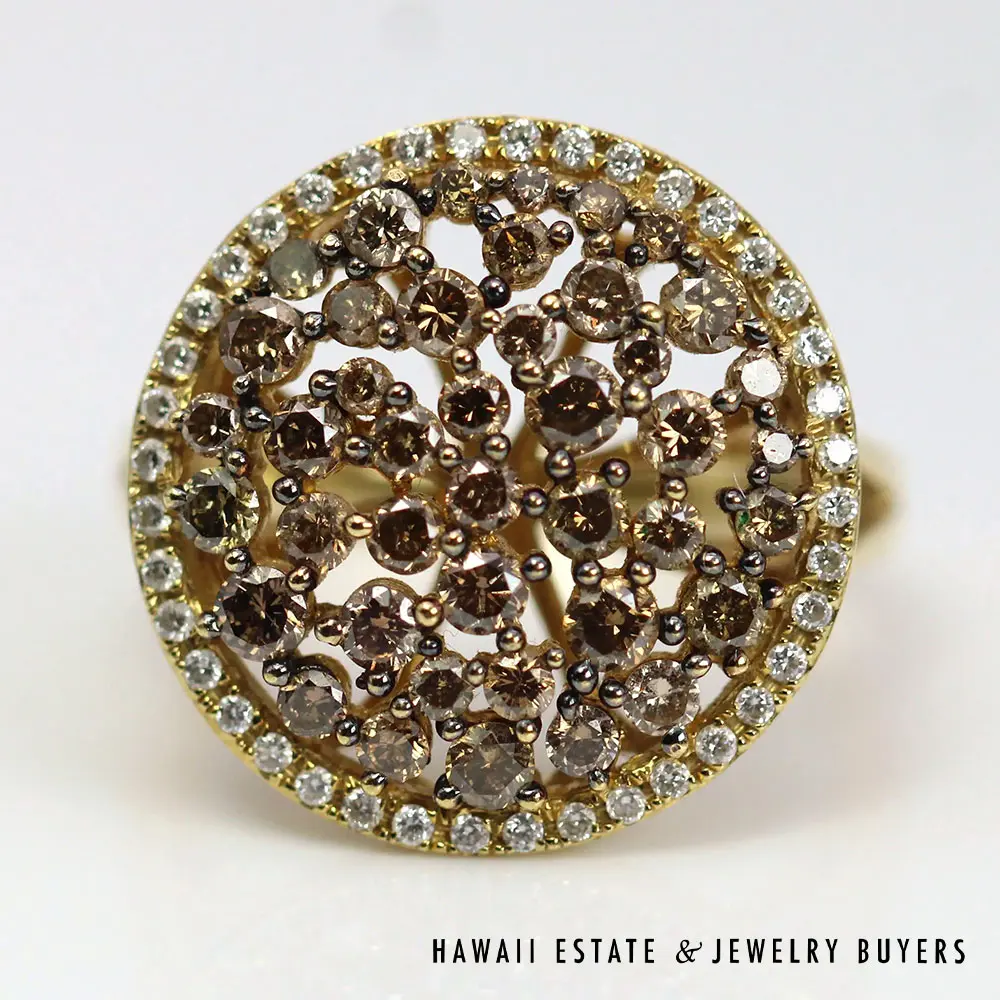Chocolate & White Diamond Cluster Ring 1.50 Carats in 18K Yellow Gold Size 6.5 - Image 2