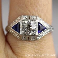 Art Deco Old European Cut Diamond & Blue Sapphire Engraved Platinum Ring Size 6
