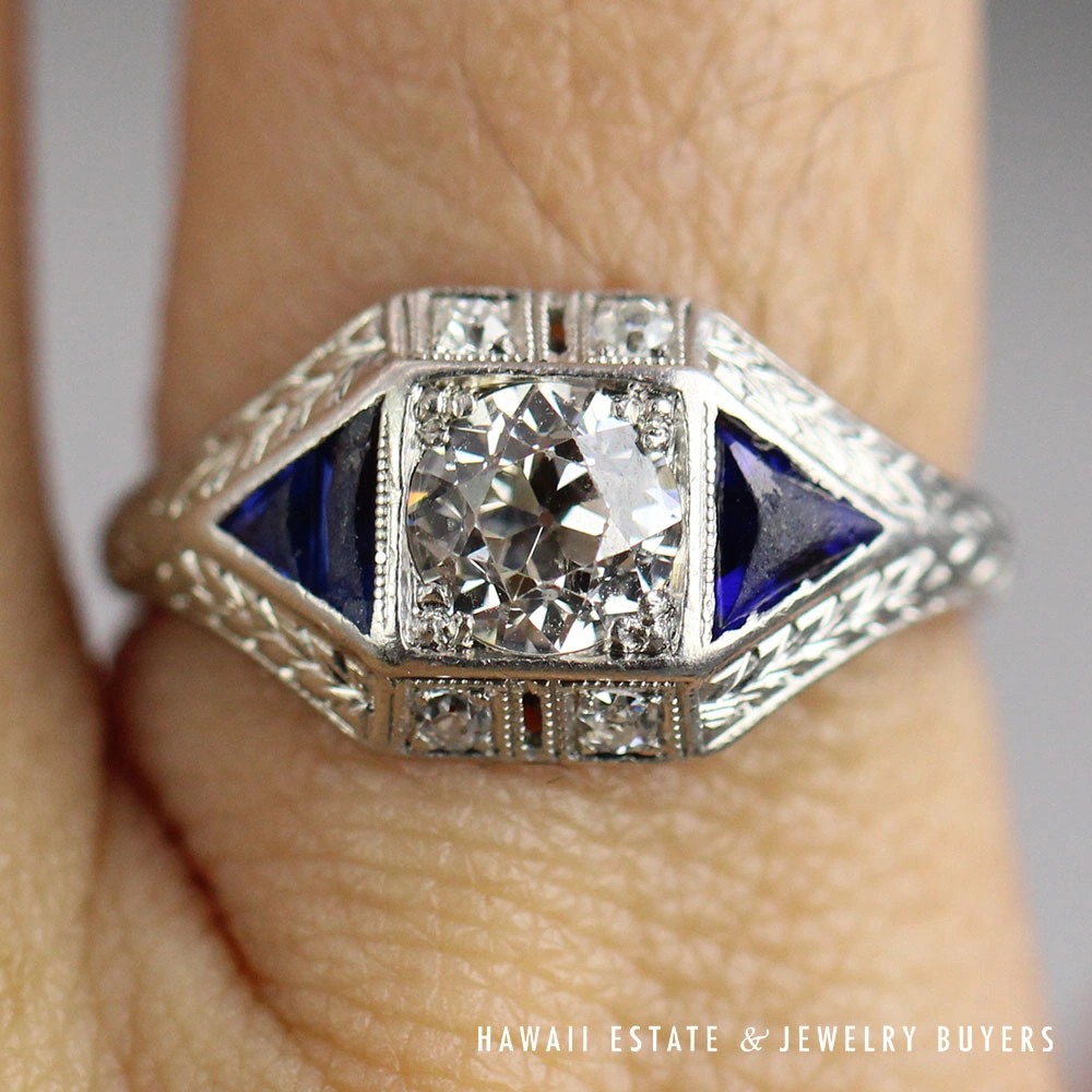 Art Deco Old European Cut Diamond & Blue Sapphire Engraved Platinum Ring Size 6