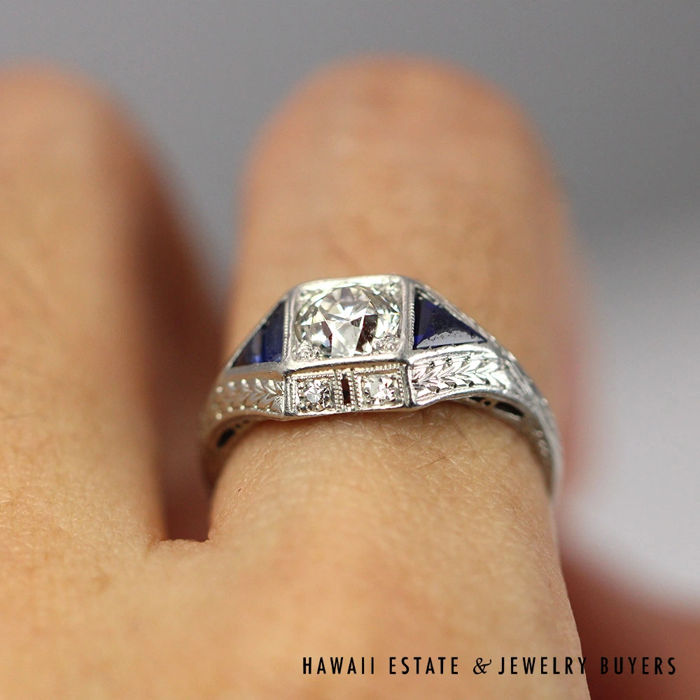 Art Deco Old European Cut Diamond & Blue Sapphire Engraved Platinum Ring Size 6 - Image 2
