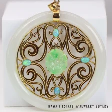 Jade & Oval Play-of-Color Opal 14K Yellow Gold Carved Flower Donut Pendant