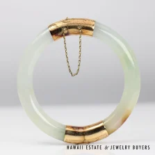 Green & Brown Jade Hinged Bangle Bracelet Size 7 with 14K Yellow Gold End Caps
