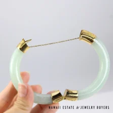 Pale Green Jade Hinged Bangle Bracelet Size 7 with 14K Yellow Gold Clasp