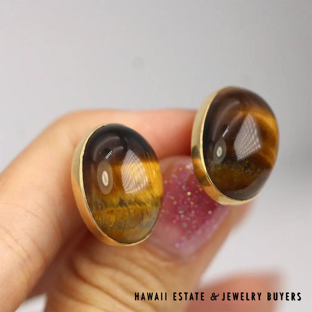 Tiger Eye Oval Cabochon 14K Yellow Gold Cuff Links - Image 2