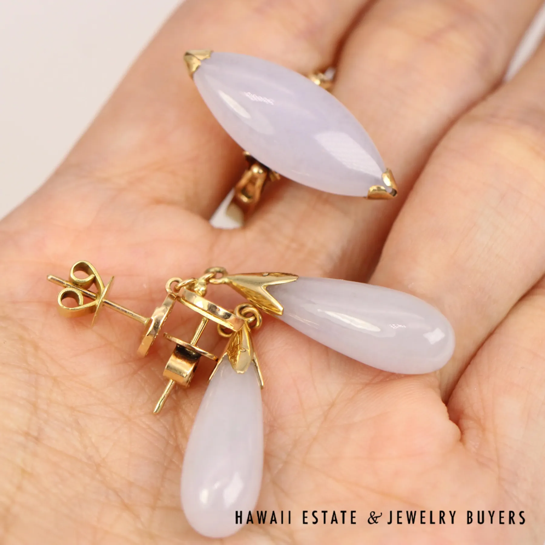 Lavender Jade Cabochon 14K Yellow Gold Ring & Drop Earrings Set Size 6.75 - Image 4