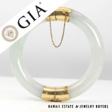 GIA Natural Jade Glass/Ice 14k Yellow Gold Hinged Bangle Bracelet