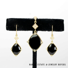 Maui Divers Black Coral Cabochon & Diamond 14K Yellow Gold Earring & Pendant Set
