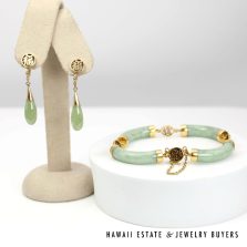 Mottled Green Jade 14K Yellow Gold Bracelet & Earrings Set